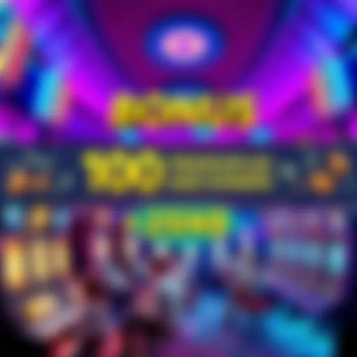 A vibrant casino scene with colorful slot machines and a banner showing free spins and cash bonus offers. Players are excitedly interacting with the games.