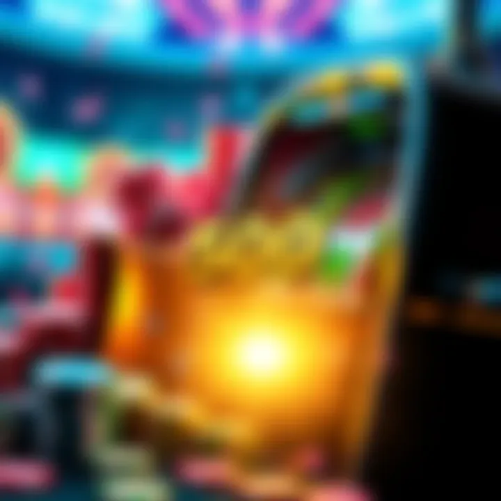 A colorful display of casino chips and a slot machine with bright lights, representing bonuses and free spins for players.