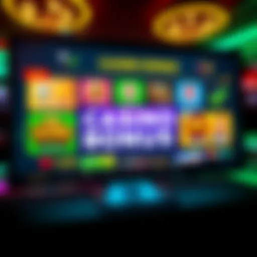 A collection of colorful casino bonus offers with low wagering requirements displayed on a digital screen.