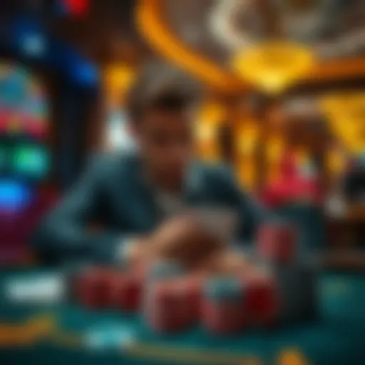 A focused player at a casino table counting cards with stacks of chips in front of them, showing determination and concentration.