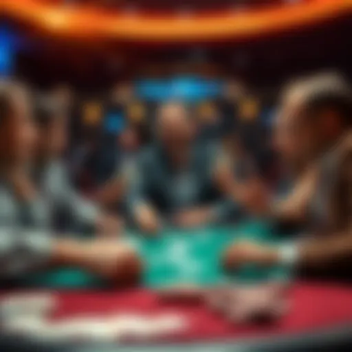A tense moment at a poker table with players showing strong emotions as they reveal their cards after a bad beat