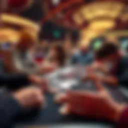 Casino card game table A card game table in a casino with players focused on their hands and chips, illustrating strategies used for card counting.