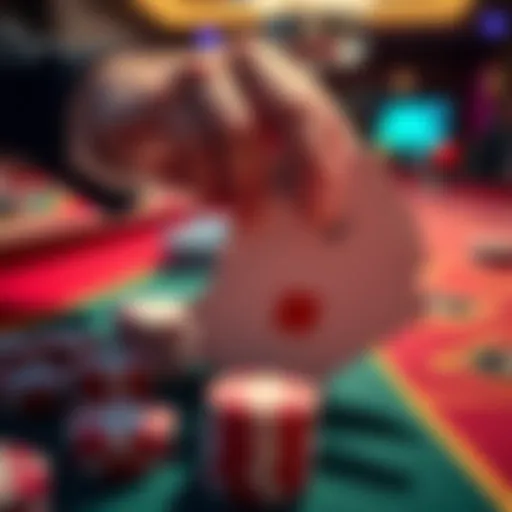 A hand removing cards from a deck at a casino table, with focus on aces and tens.