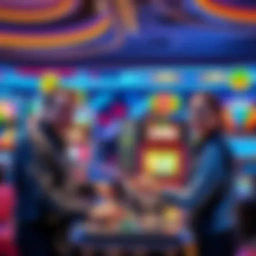 Two casino employees at work, one at the Cash Counter handling chips and cash, and the other as a Cage Cashier managing transactions, with colorful slot machines in the background.