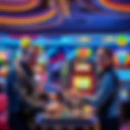 Cash Counter and Cage Cashier in Casino Two casino employees at work, one at the Cash Counter handling chips and cash, and the other as a Cage Cashier managing transactions, with colorful slot machines in the background.