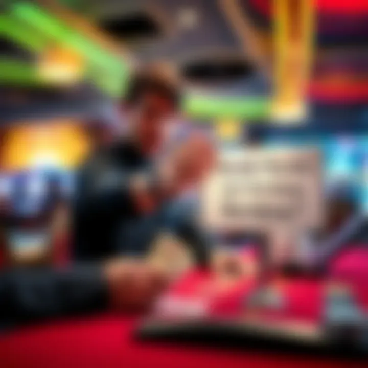 A casino employee handing cash to a player at the gaming table, showing a sign about taxes on handpays.