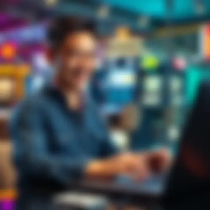 A person smiling while withdrawing cash at an online casino on a laptop