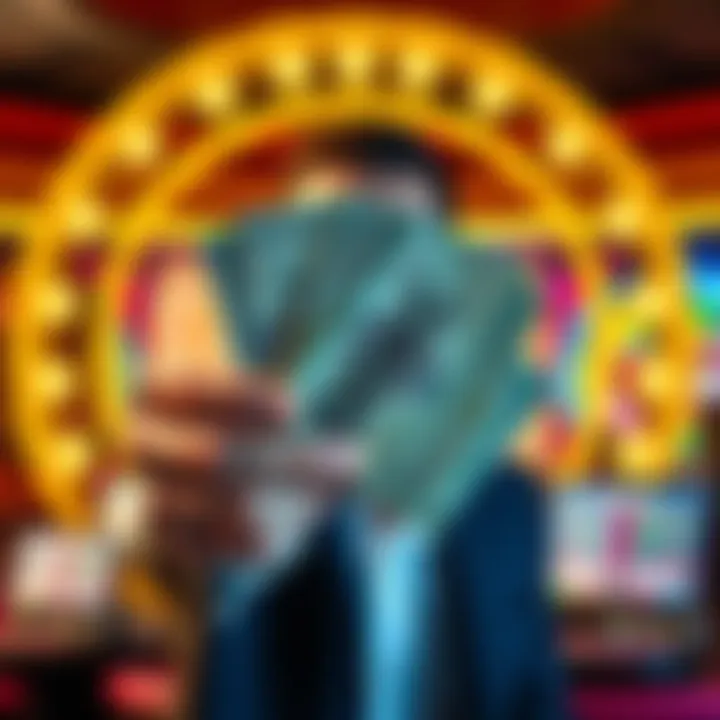 A person holding cash with a casino background, representing online casino payouts.