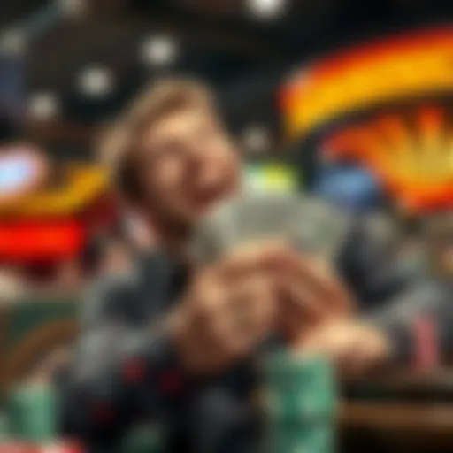 A person happily receiving cash from a casino, showing excitement over immediate payouts, surrounded by casino elements like chips and cards.