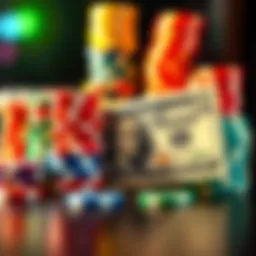 A $10 bill next to colorful casino chips stacked high, symbolizing potential winnings from gambling.