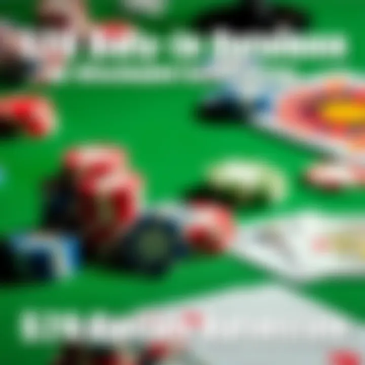 A stack of colorful casino chips next to playing cards on a green felt table