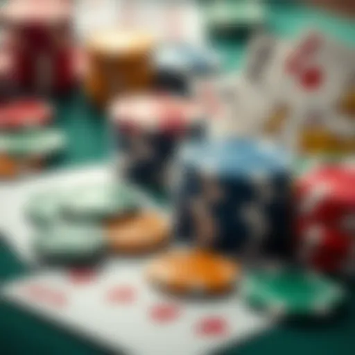 A close-up of colorful casino chips and playing cards on a table