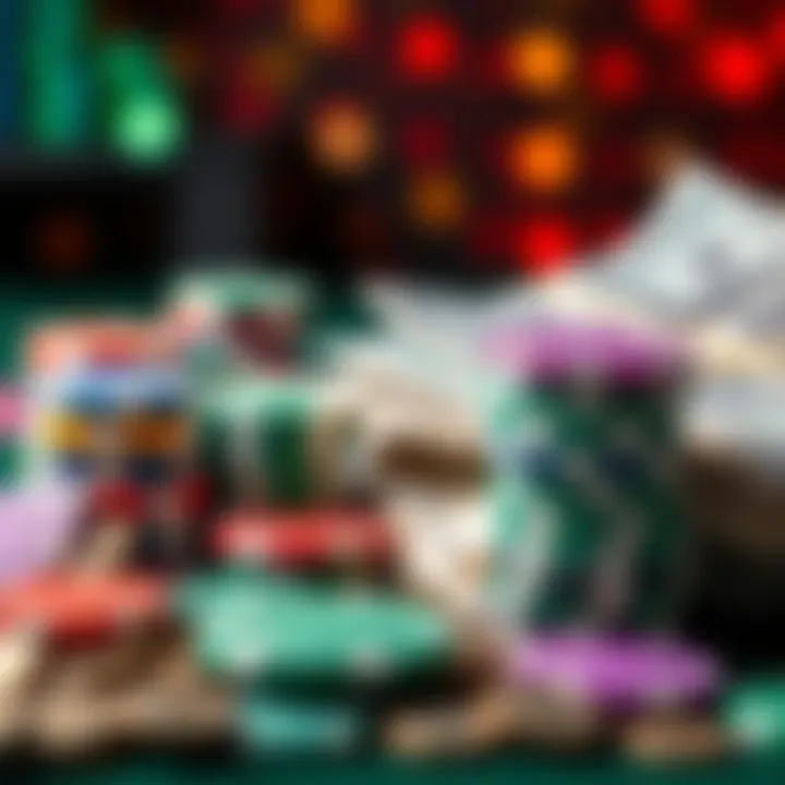 A stack of colorful casino chips next to a pile of cash, symbolizing winnings and excitement in gambling.