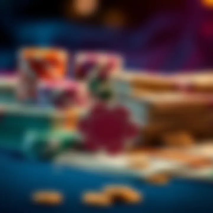 A close-up of colorful casino chips next to stacks of cash, symbolizing risk and reward in gambling.