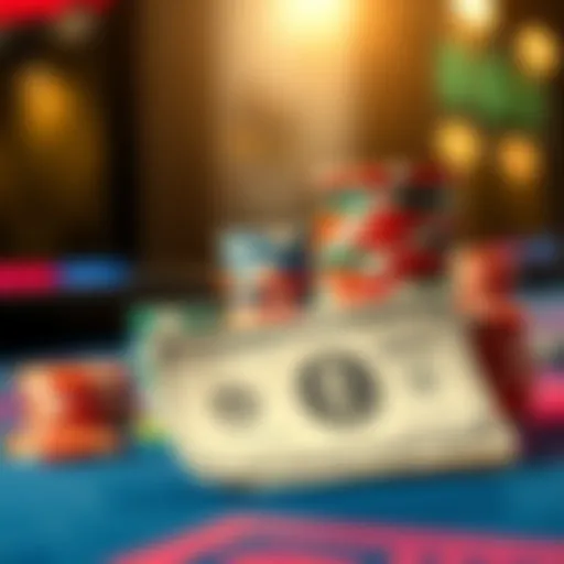 A stack of colorful casino chips with a twenty dollar bill laid next to them on a game table.