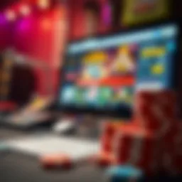 A close-up of colorful casino chips next to a computer screen displaying a gambling simulation website