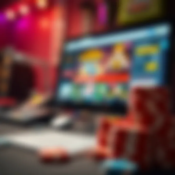 A close-up of colorful casino chips next to a computer screen displaying a gambling simulation website