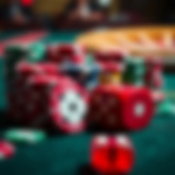 A close-up of colorful casino chips and dice on a gaming table, illustrating the excitement and risk of gambling.