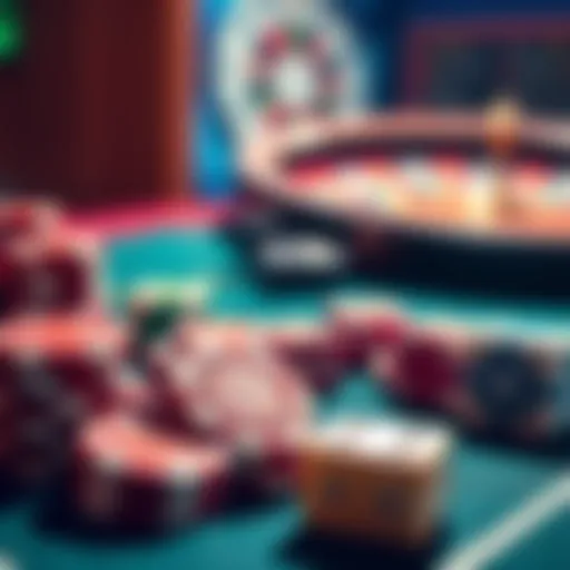A close-up of vibrant casino chips and dice on a gaming table, illustrating the excitement of gambling.