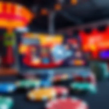 Colorful casino chips with a laptop showing online gaming