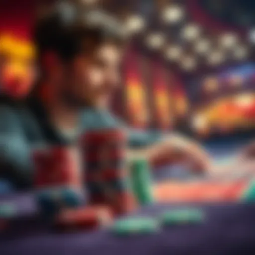 A close-up of colorful casino chips stacked next to a focused player at a gambling table