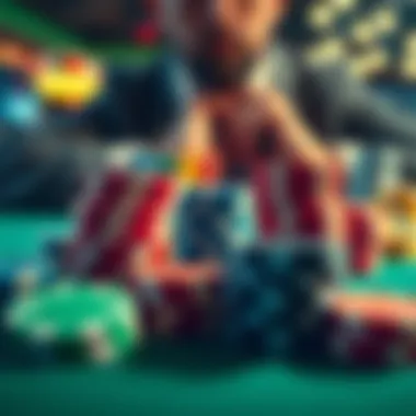 A close-up of colorful casino chips on a table with a player contemplating their next move.
