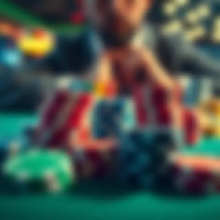 A close-up of colorful casino chips on a table with a player contemplating their next move.