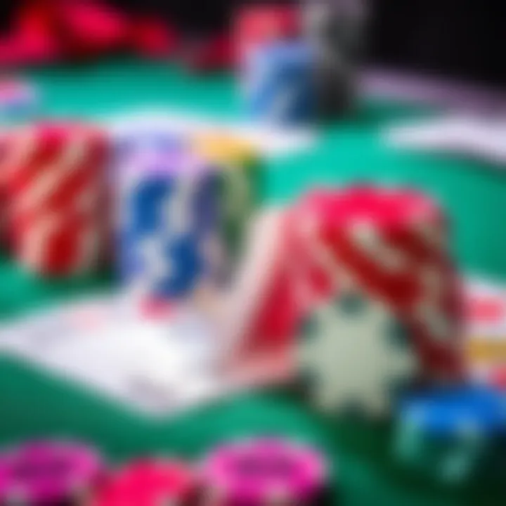 A close-up of colorful casino chips stacked with playing cards on a green felt table, representing gambling strategies