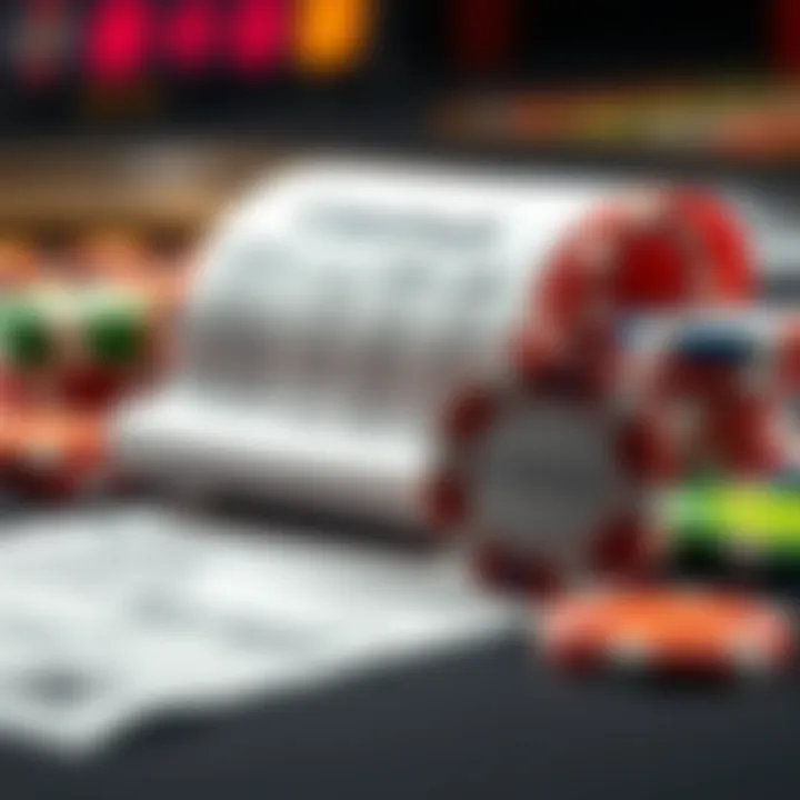 A close-up of colorful casino chips next to a cashout receipt on a table