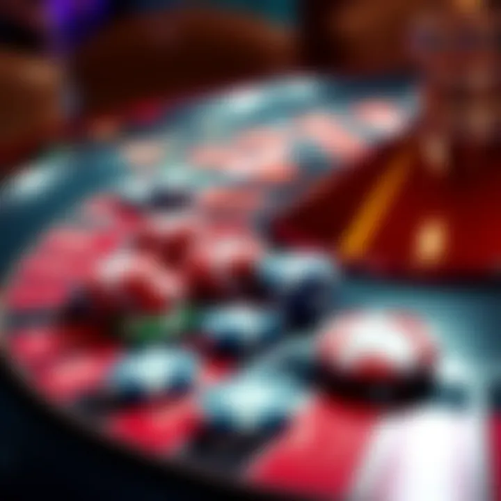 Casino chips and a roulette table A close-up of colorful casino chips on a roulette table, showcasing the excitement of gambling and the potential for both winnings and losses.
