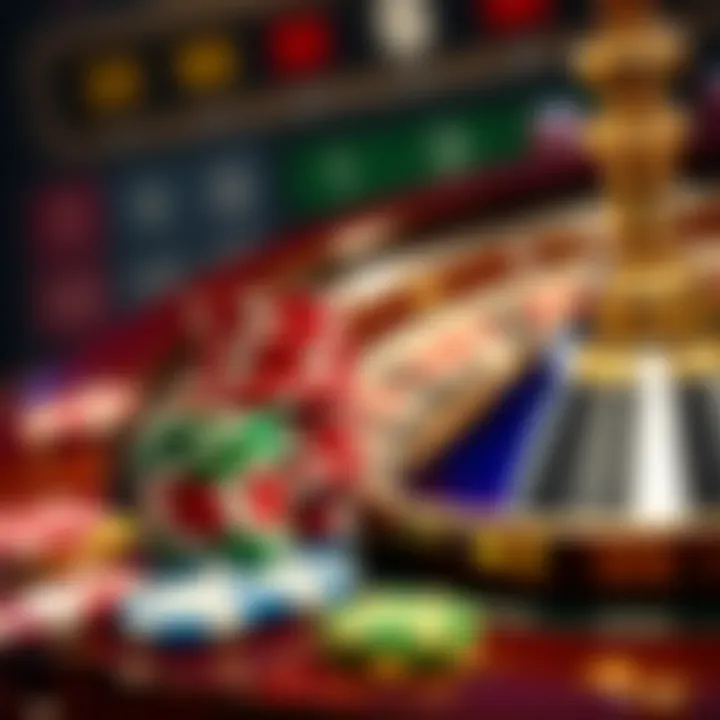 A close-up of colorful casino chips stacked next to a roulette wheel, symbolizing gambling strategies.