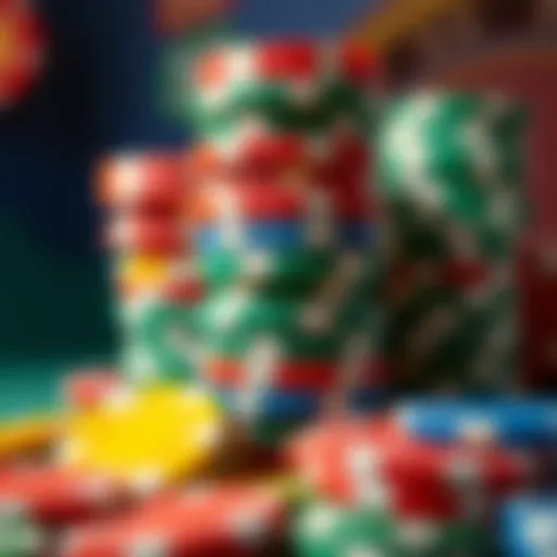 A variety of colorful casino chips stacked together, representing different denominations for betting.