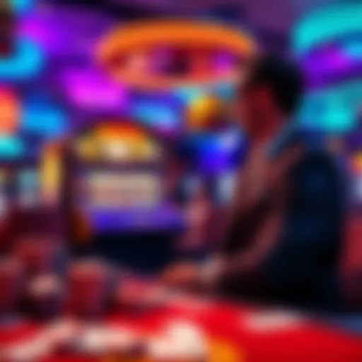 A colorful casino scene with a player contemplating a slot machine while surrounded by chips and cards.