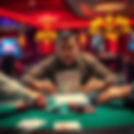 A player at a casino table reacts in shock after losing to an opponent with four of a kind, surrounded by cards and chips.