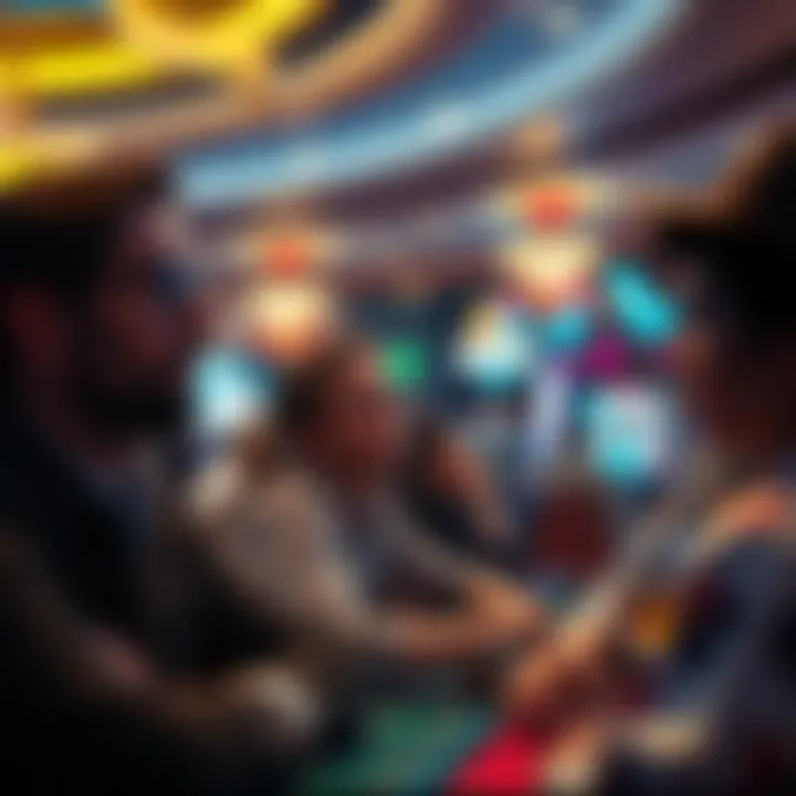 A casino scene showing people looking worried and discussing gambling issues