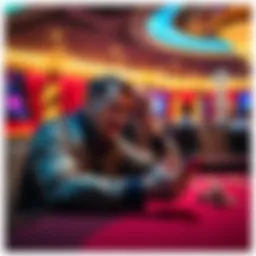 A person sitting at a casino table looking worried while checking cryptocurrency values on a smartphone, symbolizing the financial impact of gambling losses and crypto earnings.