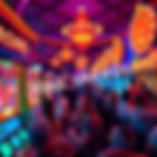 A vibrant casino scene showcasing a crowd excited about daily drawings and prizes. Colorful slot machines and lights create a lively atmosphere.