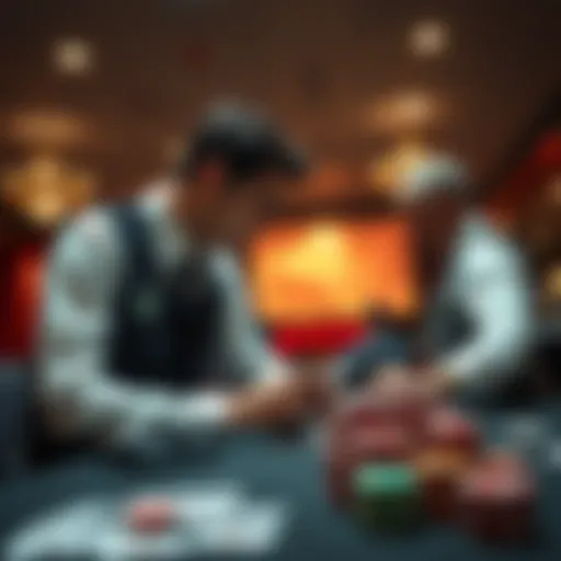 A casino dealer in a formal uniform leans forward, asking a card counter about the count before dealing. The table is set with playing cards and chips, creating a tense atmosphere.