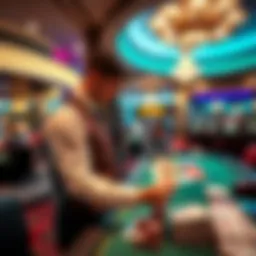 A casino dealer standing behind a gaming table, dealing cards in a bustling casino environment.