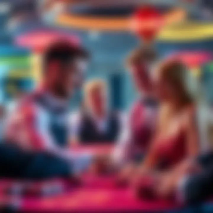 A casino dealer engaging with players at a table, showcasing a mix of expressions from laughter to frustration.