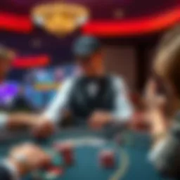 A casino dealer stands at the table, showing little concern for the players' wins or losses, with colorful chips and cards visible