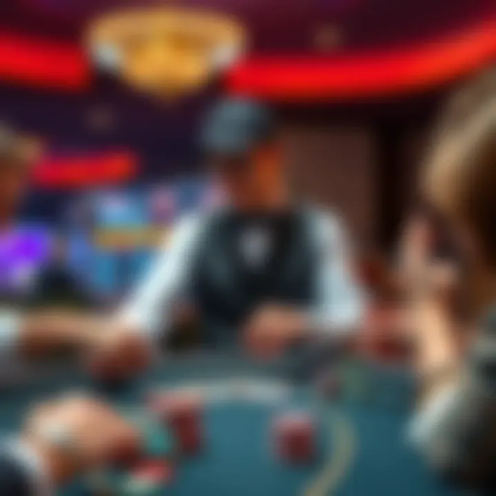 A casino dealer stands at the table, showing little concern for the players' wins or losses, with colorful chips and cards visible