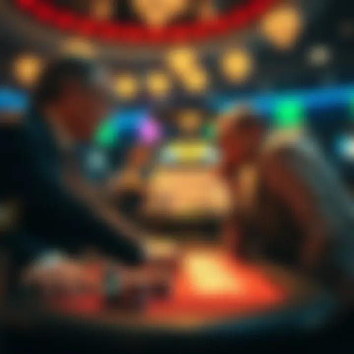 A tense moment between a casino dealer and a player, with the dealer looking accusatory while the player appears frustrated. They stand near a gaming table with chips and cards in view.