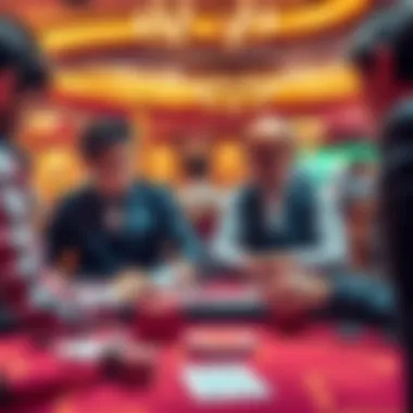 A casino dealer dealing cards improperly at a gaming table, looking unprofessional while a concerned player watches.