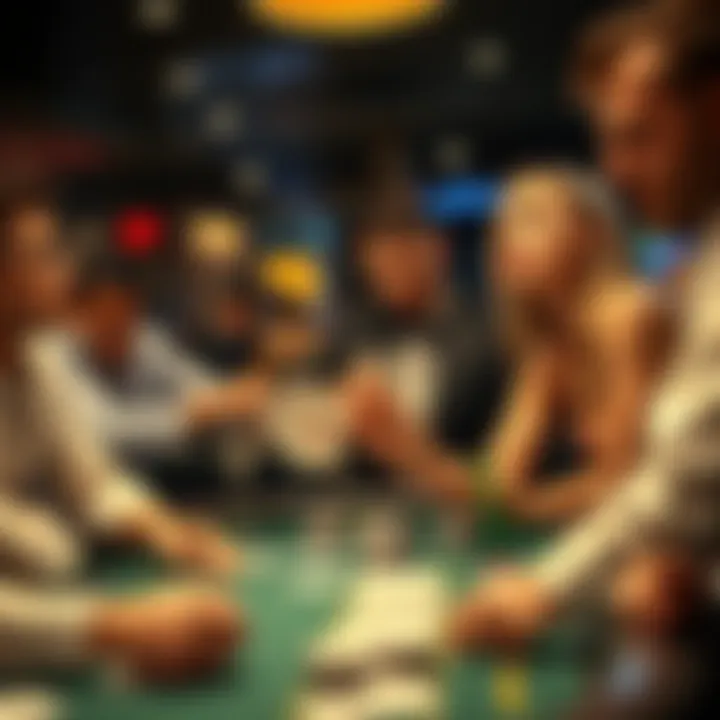 A casino dealer handling cards at a gaming table, with players watching closely, showing a mixture of anticipation and frustration.