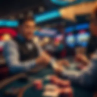 A casino dealer talks with players about tipping in blackjack games, showcasing cards and chips on the table.