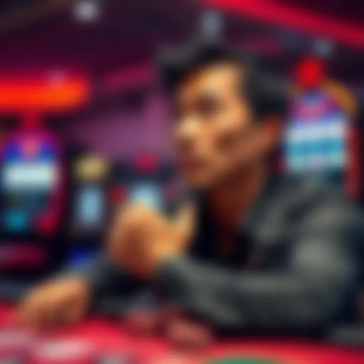 A person contemplating whether to continue playing or cash out at a casino game, with chips and a slot machine in the background.