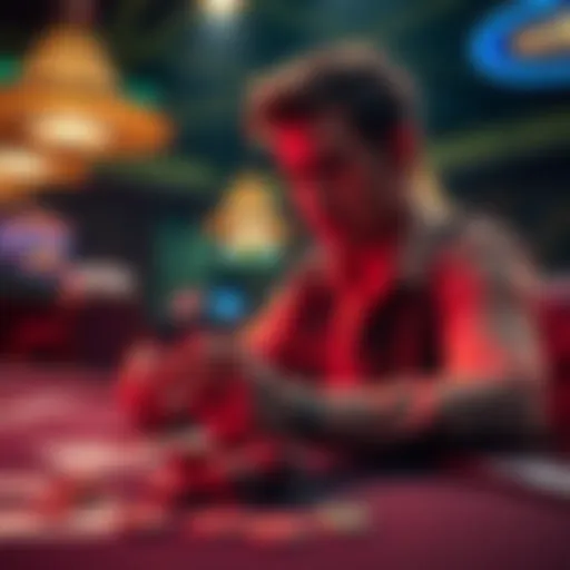 A person at a casino table contemplating whether to cash out their winnings or continue playing, with chips and cards in front of them.