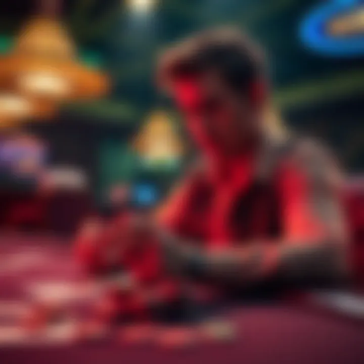 A person at a casino table contemplating whether to cash out their winnings or continue playing, with chips and cards in front of them.