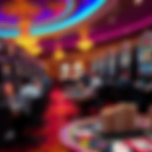 A vibrant casino floor with excited players at slot machines and card tables.